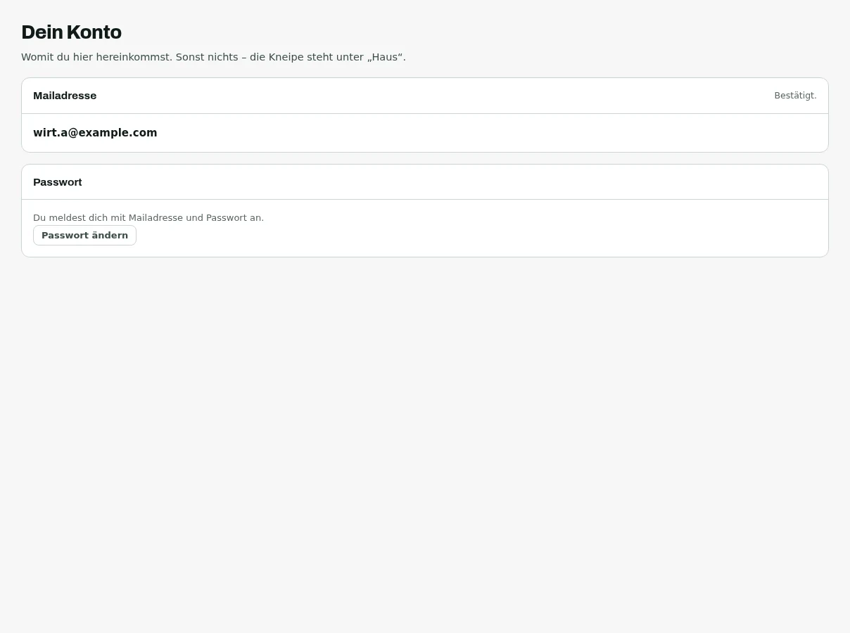 The account tab with the confirmed email address and a password section with a button to change it.