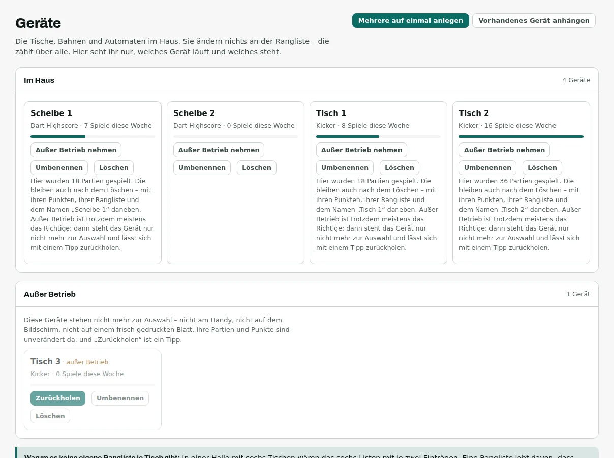 The tables tab with four cards – two dart boards and two football tables – each with its leaderboard, games this week, and buttons to take out of service, rename and delete. Below, a section for tables that are out of service.