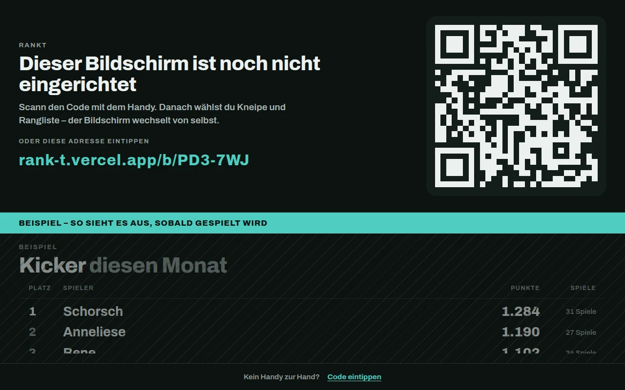 The waiting screen: “this screen is not set up yet”, a large QR code beside it, and below a band reading “example – this is what it looks like once people play”, followed by a dimmed example list.