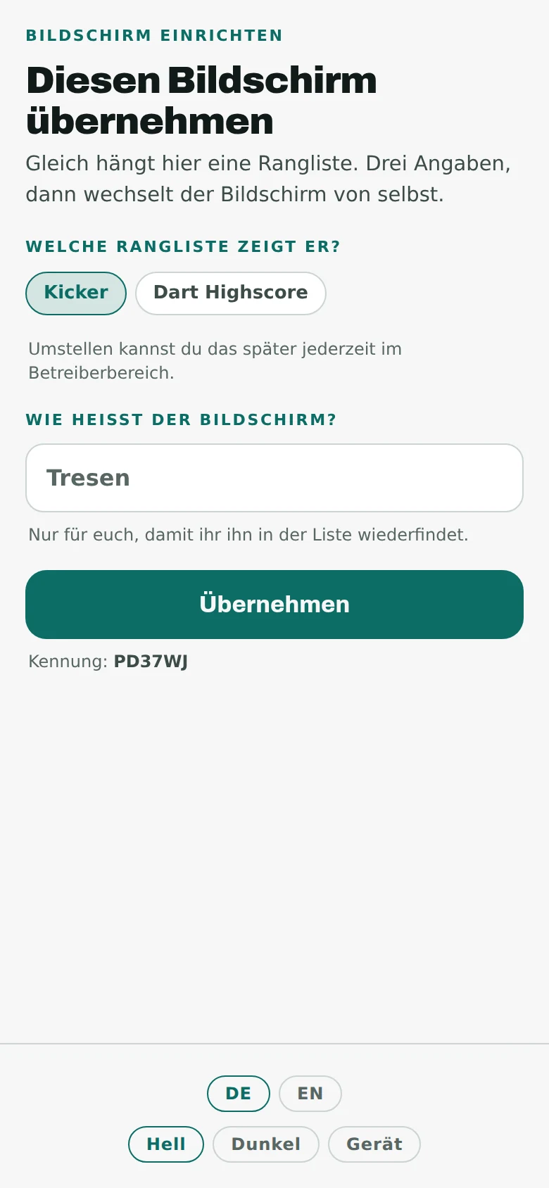 The takeover page on a phone: “take over this screen”, with a choice of pub, a choice of leaderboard, and a field for the screen’s name.
