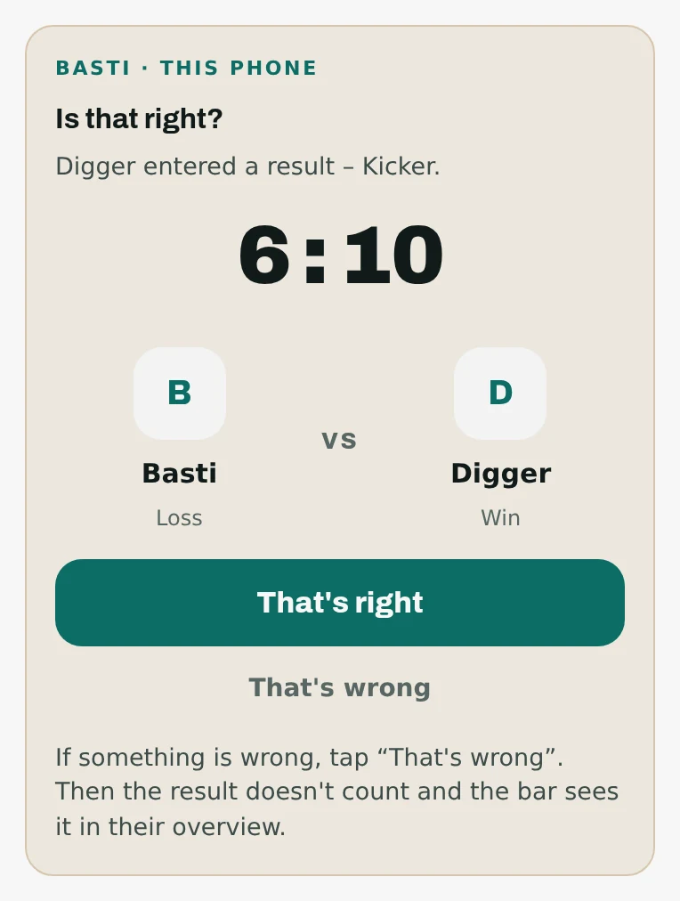 A card on the phone: “Is that right? Bulldozer entered a result – table football”, with the score 1 to 1, both names marked as win and loss, and two buttons to agree or disagree.