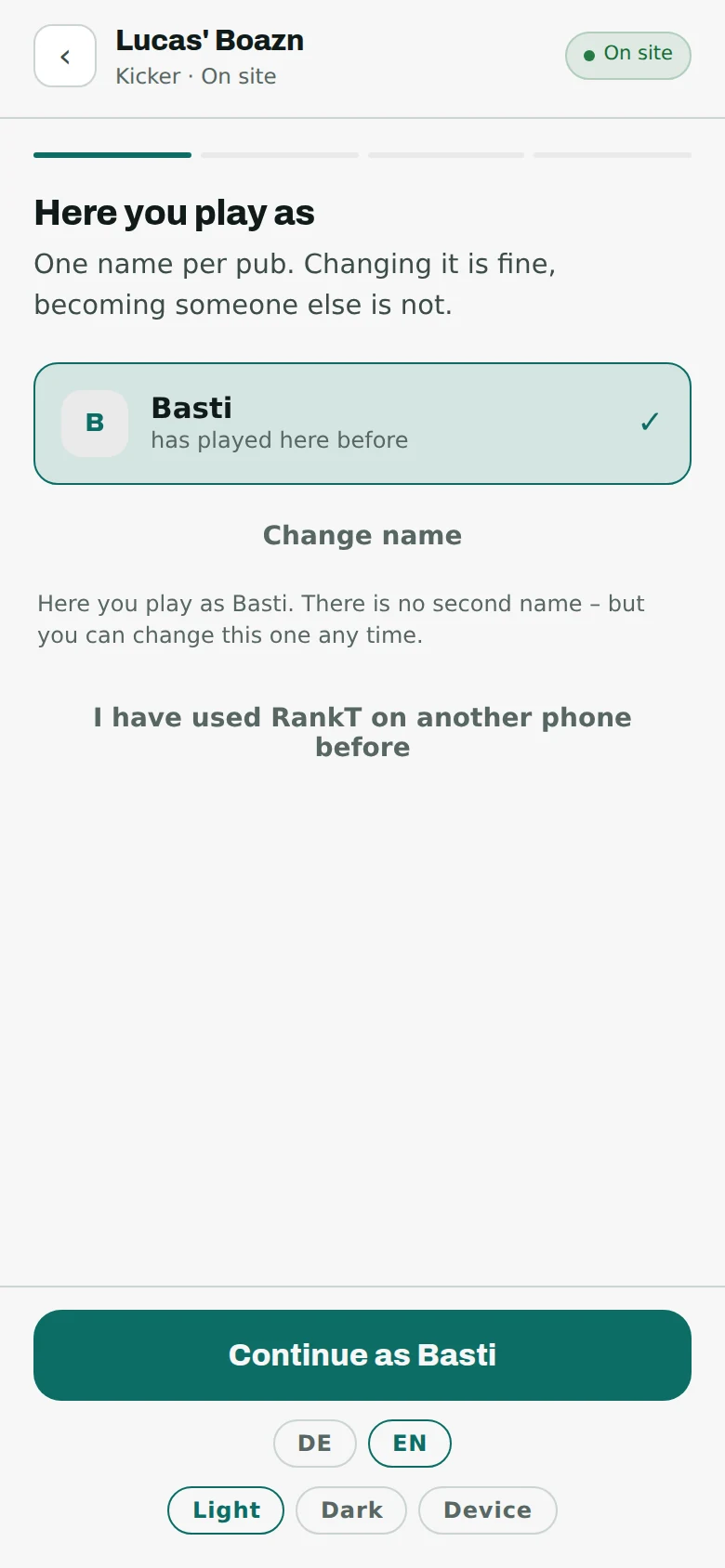 The name page on the phone showing that you play here as Basti, with a button to change the name.