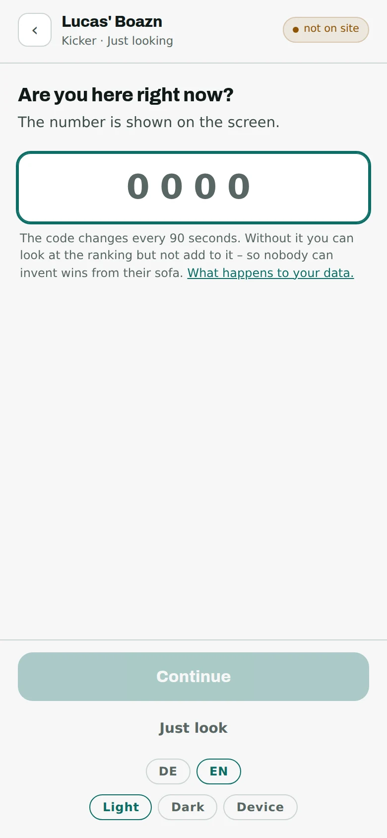The code entry on the phone: “the code from the screen” with a large field for four digits and buttons to continue or to just look.