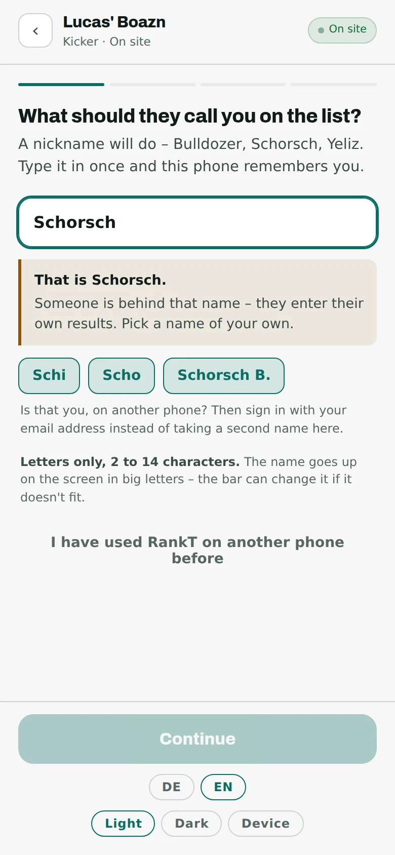 The name field contains “Schorsch”; below it a box saying that this is Schorsch, that a phone stands behind the name and that you should take your own, followed by three suggestions.