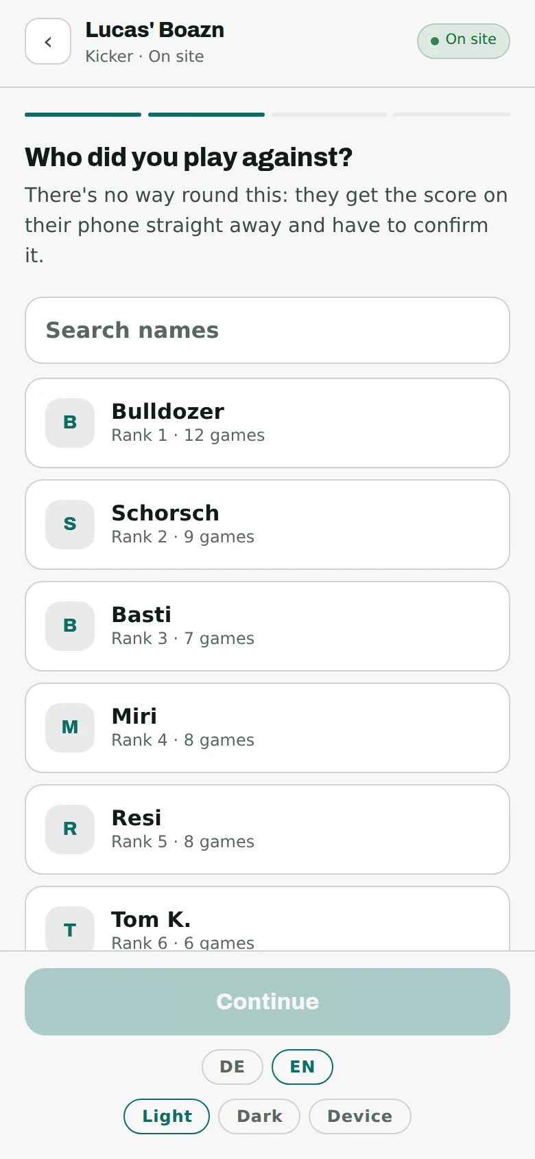 The opponent picker on the phone with a search field and a list of names shown with their initials: Bulldozer, Schorsch, Basti, Miri and others.