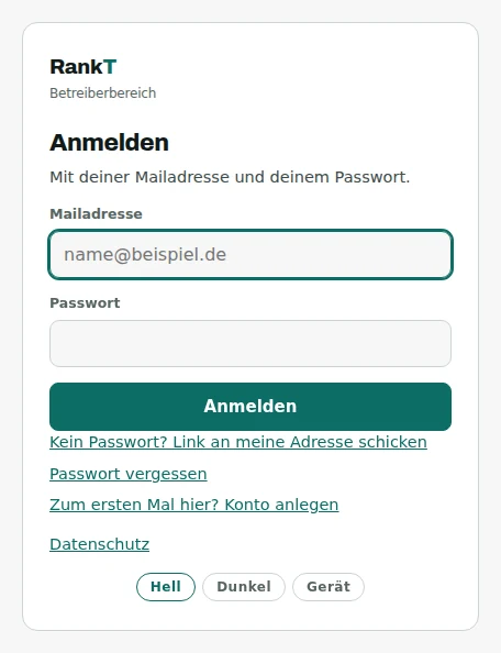 The sign-in card of the operator area with fields for email address and password, a sign-in button, and three small links below it: send me a link, forgot password, first time here – create an account.
