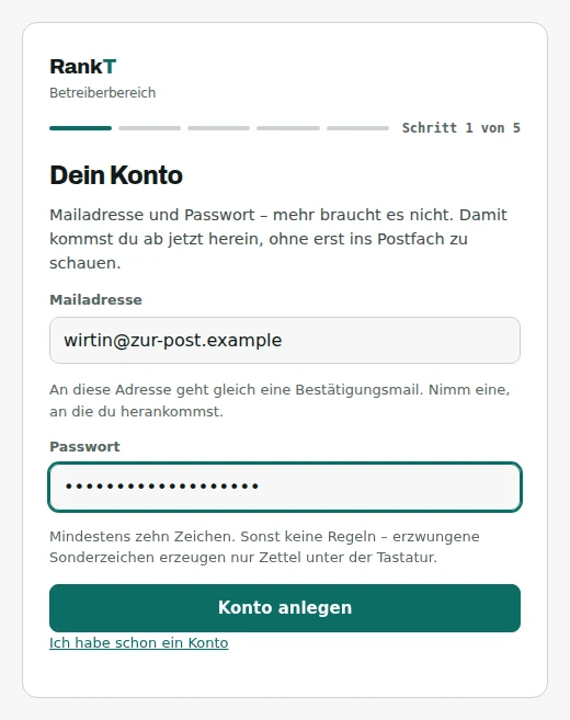 Step 1 of 5 of the setup path, headed “Dein Konto” (your account), with a filled-in email address, a filled-in password field, and a button to create the account.