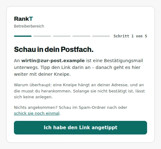 A card reading “check your inbox”, showing the address that was entered, a note that the mail can be sent again, and a button to continue once confirmed.