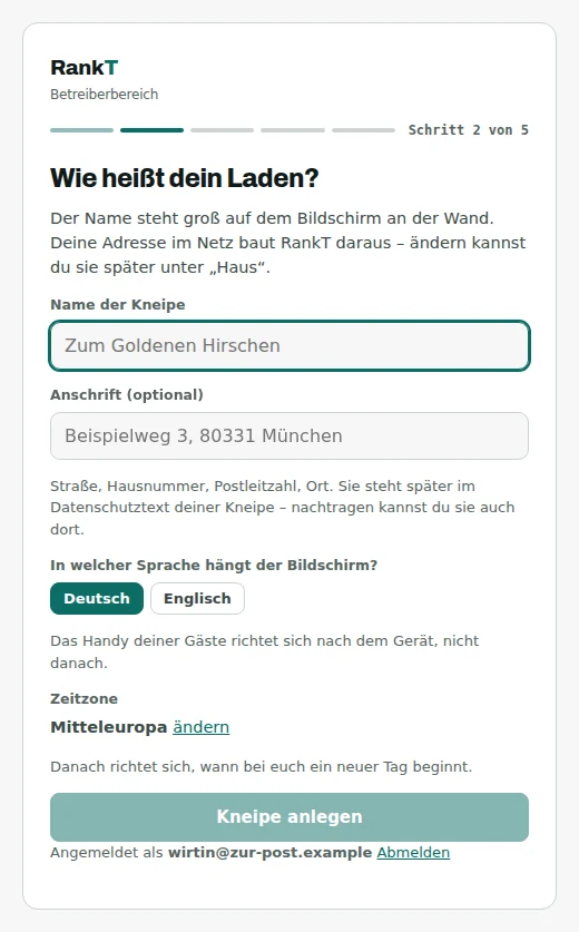 Step 2 of 5, headed “Dein Laden” (your place), with empty fields for name and address, a choice between German and English, and a time zone selector.