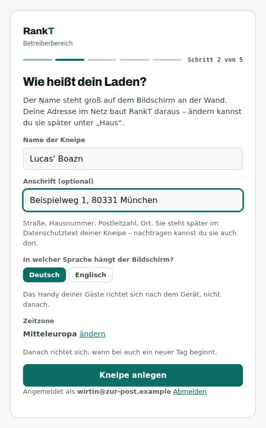 The same card, now filled in with “Lucas’ Boazn” and an address in Munich; below the name field, the web address derived from it.