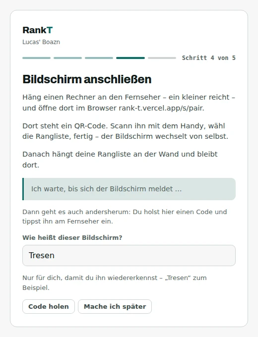 Step 5 of 5, headed “Zettel für die Wand” (sheets for the wall), with a button to print the QR codes and the option to skip the step.